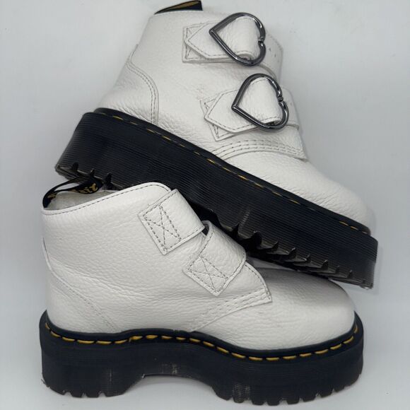 Dr. Martens Women's Devon Hearts White Leather PLATFORM Boots US 5 Buckle SlipOn - Picture 6 of 10